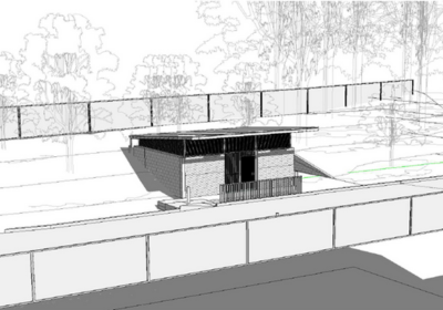 Black and white drawing of artists impression of Lower Poulton Park Amenities Construction