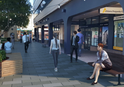 Artists impression of MacMahon Courtyard Upgrade shwoing people, benches and walkway