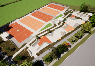 Artists impression of Olds Park Recreational & Sporting Hardscape Precinct showing courts and skate park with trees surrounding area