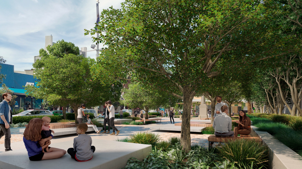 Memorial Square - concept design showing trees, people and seating