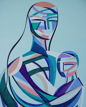 Rebecca Trajkovski- Kristian and I, 60 x 60 cm, acrylic, mom and kid with colorful lines