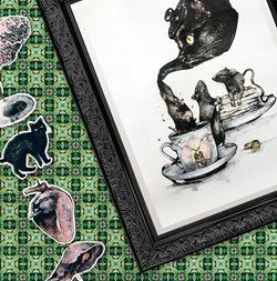 Framed picture of mice and a cat shaped teapot, surrounded by green backdrop.