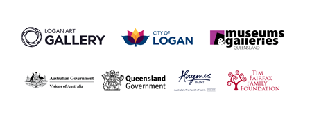Logos of Logan Art Gallery, Logan City Council, Museums & Galleries Queensland, Haymes Paint and Australian Government and Queensland Government.