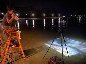 artist setting up a projector on the beach