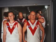 St George AFL players during filming at Jubilee Stadium