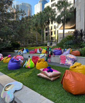 Art installation: Bliss by Amy Claire Mills showing multi coloured bean bags and cushions