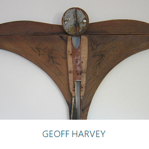 Artwork by Geoff Harvey, Sooty owl - wood, metal and found objects