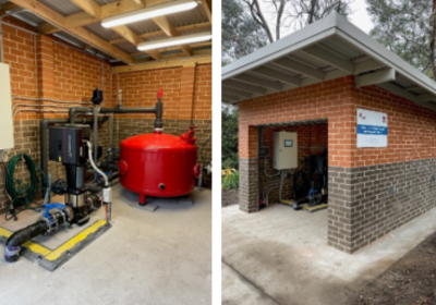 Brick small building as well as image of inside the small building showing Stormwater treatment equipment