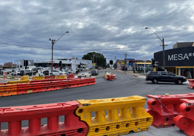Hurstville Intersection and temporary red and yellow barriers at Forest Road, Durham Street and Wright Street