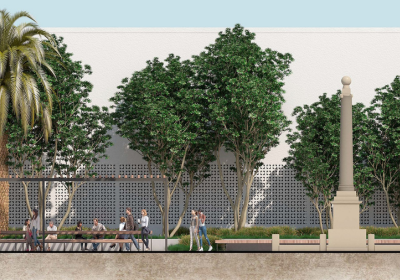 Artists impression of Hurstville memorial square showing seating and tables with shade, greenery and retained Memorial Cenotaph.
