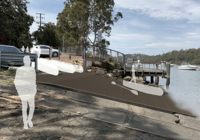 Artists impression of Watercraft Launching Facility showing white faded people with boats and by the water