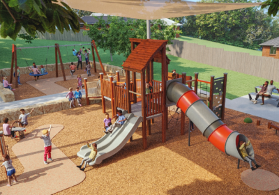 Artists impression of Oleander Playground Upgrade including play equipment, landscaping and picnic infrastructure