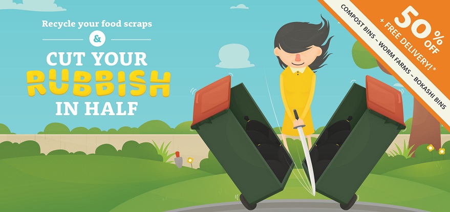 Cartoon image of person cutting rubbish bin in half with text, cut your rubbish in half