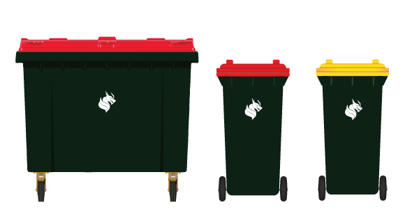 Three commercial bins sizes general waste red lidded bin 1100L, General waste red lidded bin 240L and recycle yellow lidded bin 240L