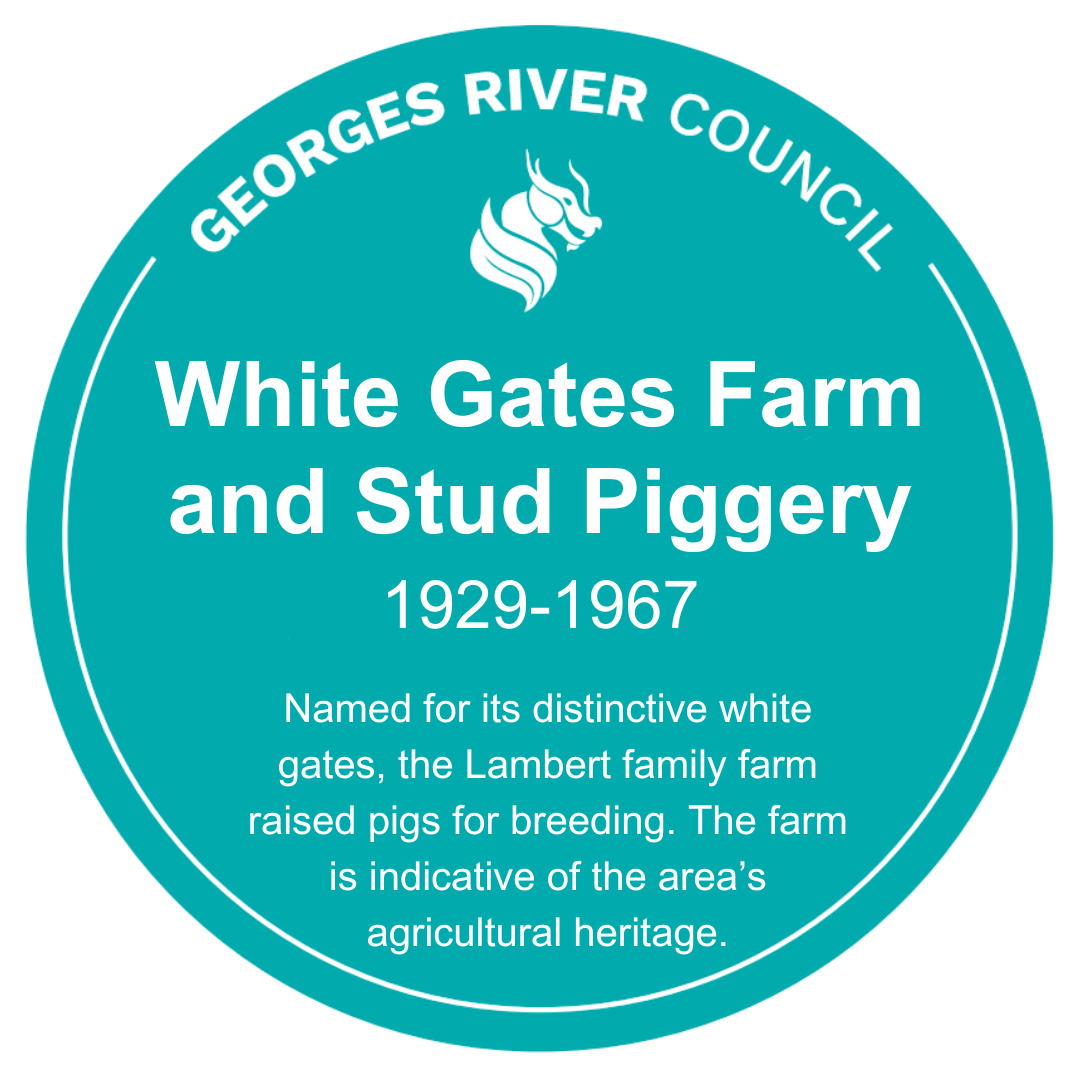 Image of White Gates Farm and Stud Piggery historical marker tile and information