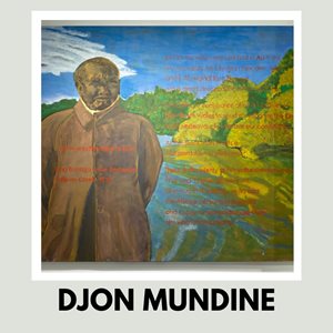 painting of Djon Mundine and his name in black letters