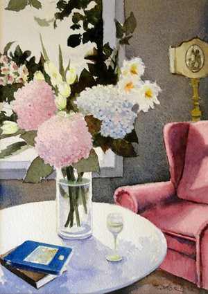 Hydrangeas by Tetsuya Mori, combination of a bouquet of flours on a side table with a blue notebook and a red sofa on the background
