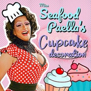 A drag queen wearing a chef's hat, text reads 'Miss Seafood Paella's cupcake decoration'