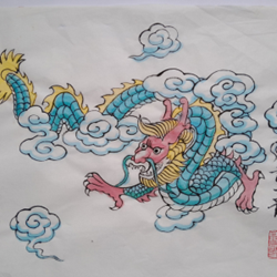 Traditional Chinese ink brush painting of a blue and pink dragon