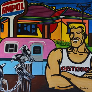 colorful painting of white man with blond hair standing next to a house, an ampol poster and two birds