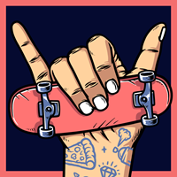 Hand doing a hand symbol holding a skate board
