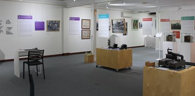 main gallery space exhibition with wood plinths