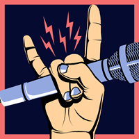 Rock hand symbol holding microphone