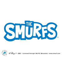 the smurfs logo in white and blue