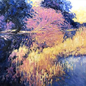Reflection No1, oil on canvas, Fangmin Wu. blue and purple trees on a lake
